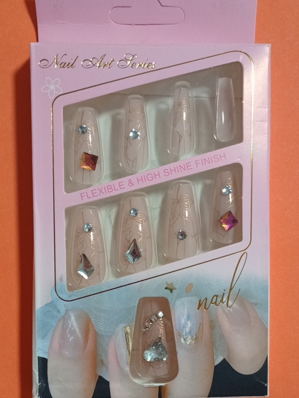 Nude Beige Press-On Nails with Gem Accents